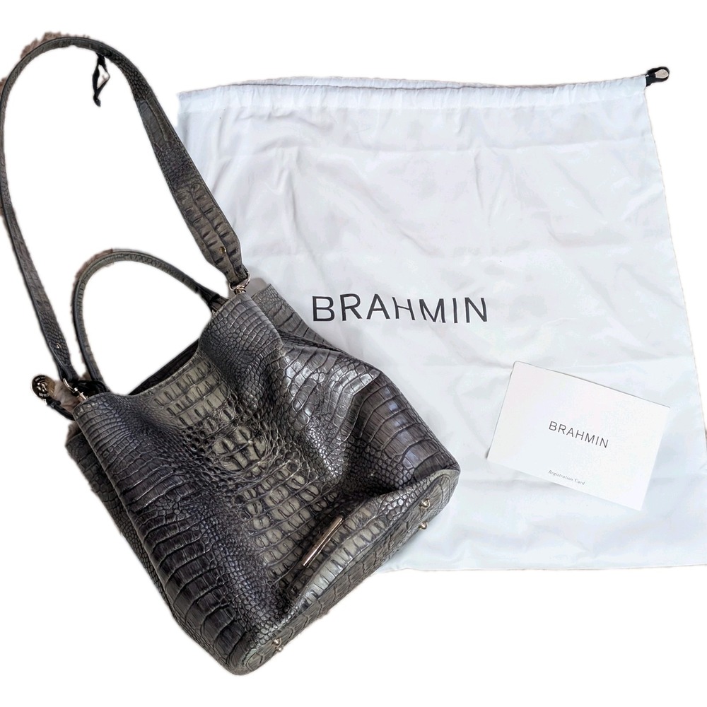 Brahmin Amelia- Charcoal sparrow Leather Bucket Bag Purse Gray